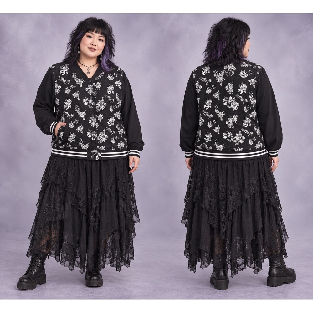 Whimsigoth Fairygrunge Torrid Black Floral Skull Snap Front Bomber 3X Jacket